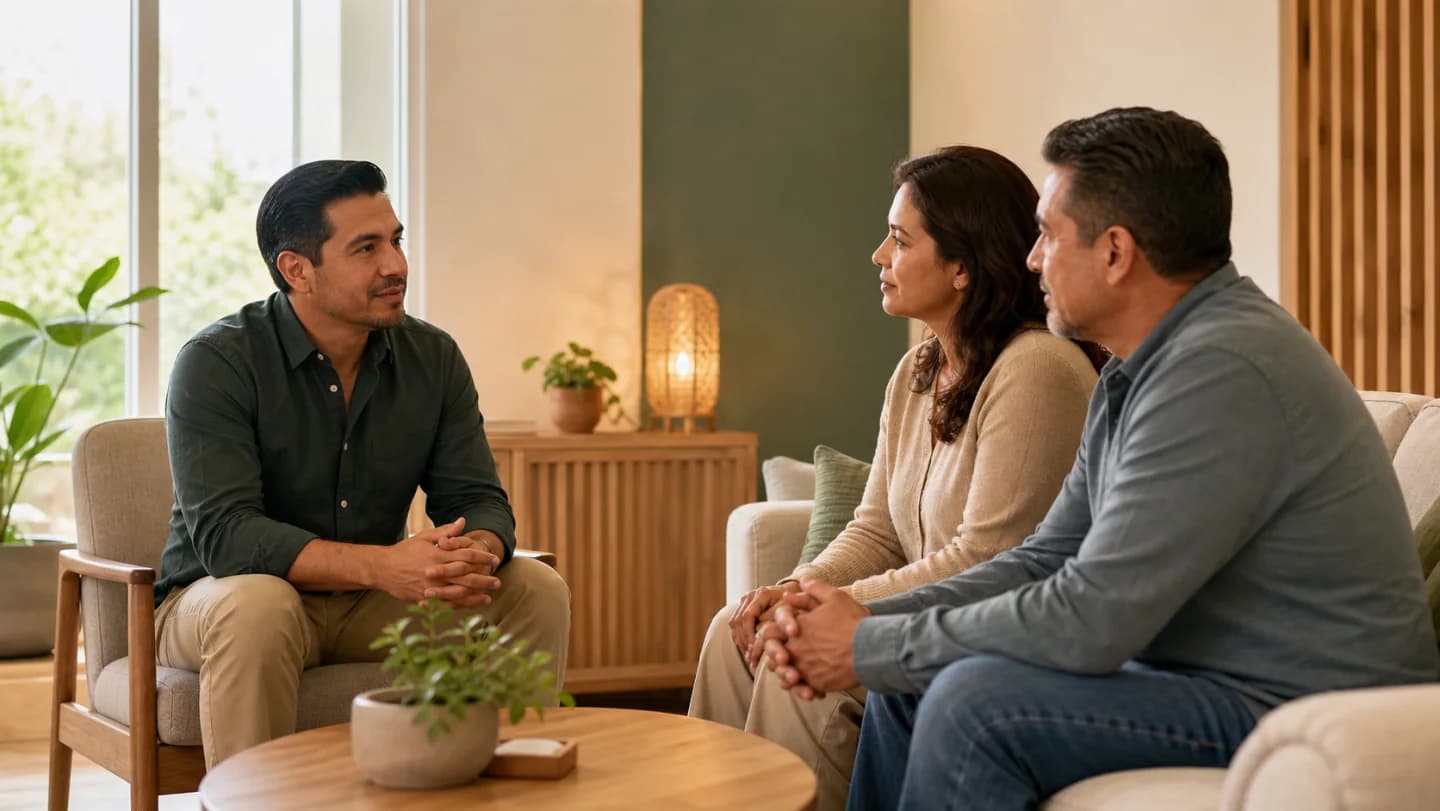 Consejero de admisiones conversando en privado con una familia